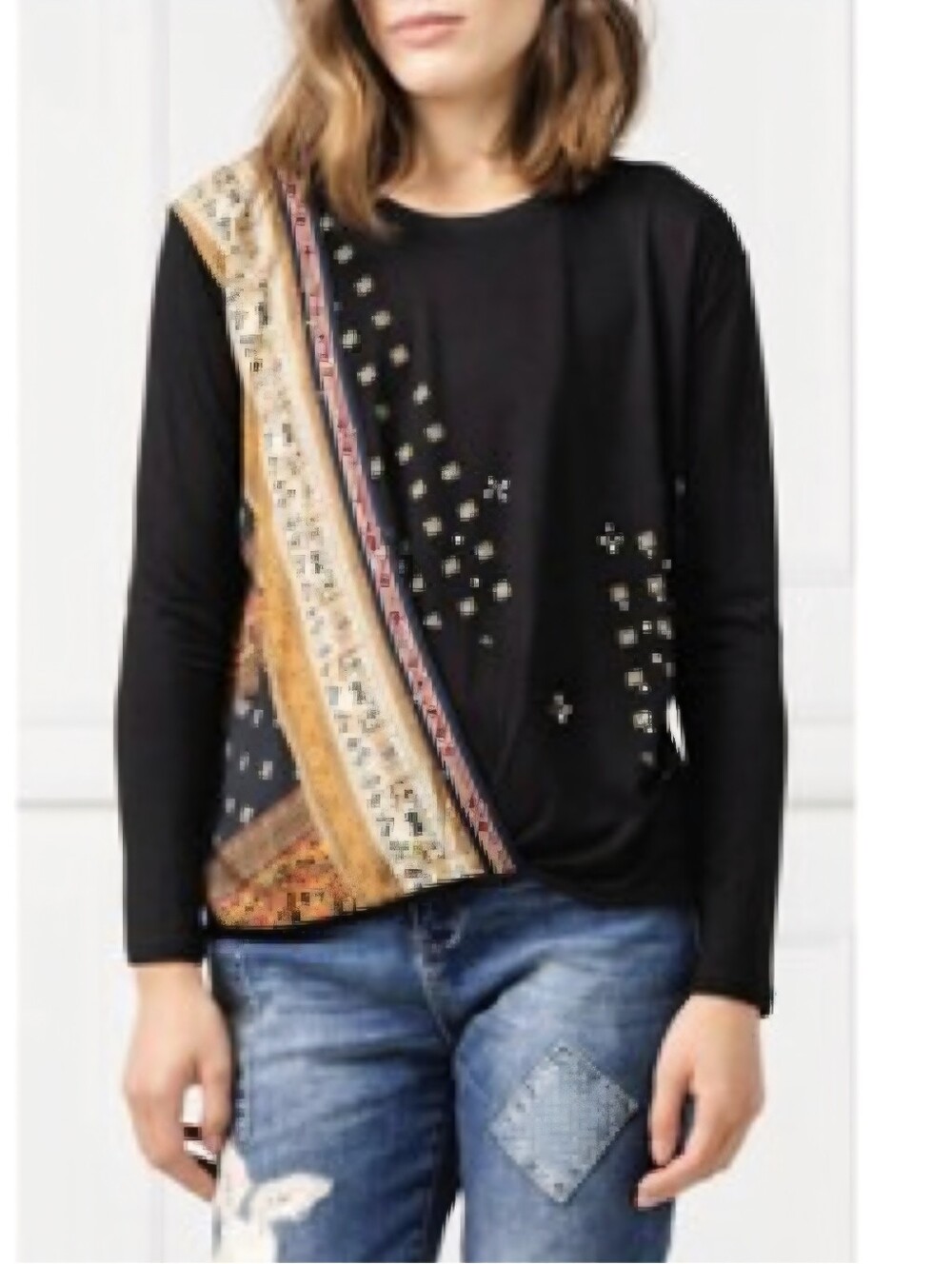 Desigual Black Bridget Long Sleeve Boho Faux Wrap Top M (
